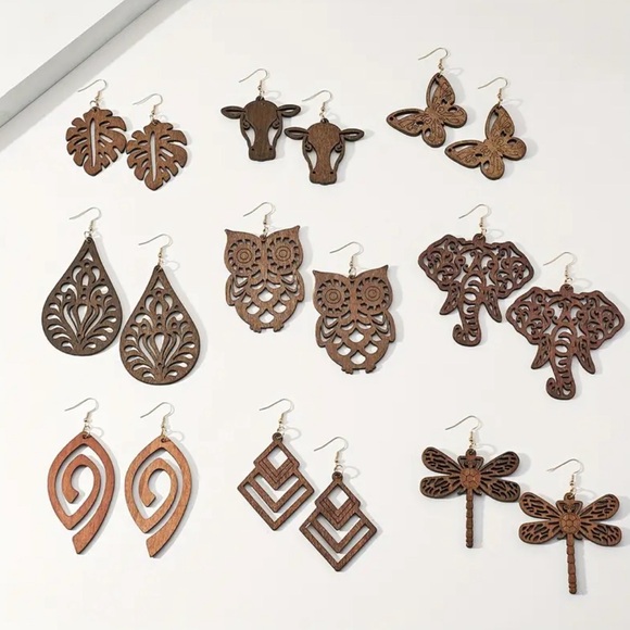 9 Pairs Light Weight Wood Boho Bohemian Earrings - Picture 3 of 6